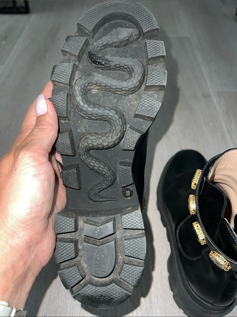 Gucci Black Leather Ankle Boots with Gold GG & Jeweled Strap